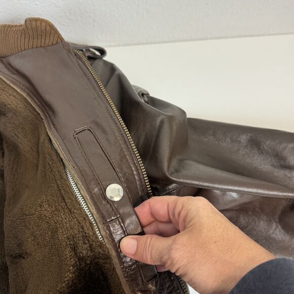 Vintage 80s Brown Leather Bomber Racing Jacket & Removable Faux Fur Liner L/48 - Picture 8 of 16